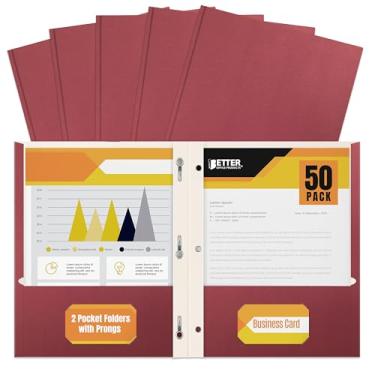 Imagem de Pasta de papel borgonha com 2 bolsos com pinos, pacote com 50, da Better Office Products, textura fosca, pastas de papel tamanho carta, pacote com 50, com 3 clipes de metal para prendedor de garras, vermelho vinho