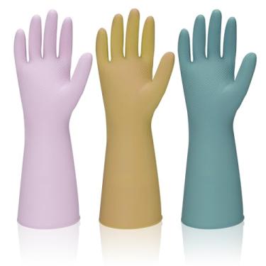 Imagem de Luvas reutilizáveis para lavar louça – 3 pares de luvas de limpeza doméstica, flexíveis e duráveis e antiderrapantes, ótimas para cozinha, lavanderia, banheiro (G, roxo + marrom + verde escuro)
