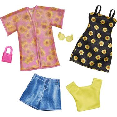 Imagem de Barbie Fashions 2-Pack Clothing Set, 2 Outfits Doll Include Shirt, Shorts & Kimono, Sleeveless Sunflower Dress & 2 Accessories
