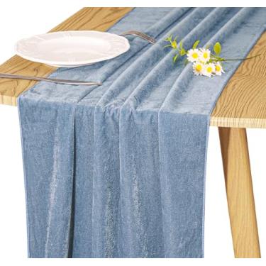 Imagem de JALANCY Caminho de mesa de veludo 50 x 300 cm, 3 m, luxuoso, grosso, macio, veludo, Natal, Ação de Graças, casamento, recepção para decoração de recepção de festa (azul empoeirado, 1 pacote)