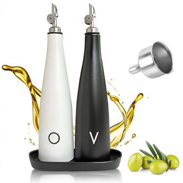 Imagem de Conjunto dispensador de óleo de cerâmica e vinagre com bicos prateados, frasco moderno de dispensador de azeite, galheteiro de azeite de oliva e vinagre, recipiente de azeite de oliva de cerâmica com