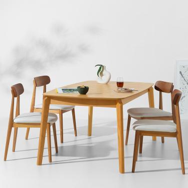 Imagem de Conjunto Mesa de Jantar Lalá Retangular Carvalho Americano - 1,60mx90cm + 4 Cadeira Nord Encosto Madeira Texture - Off White