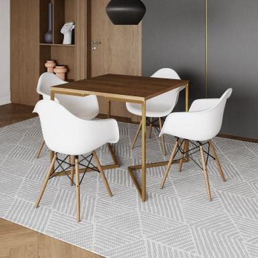 Imagem de Mesa Jantar Industrial Quadrada 90Cm Amêndoa Base V Dourada Com 4 Poltronas Daw Madeira Marrom