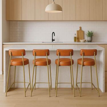 Imagem de Banqueta Cozinha Alta Com Encosto Industrial Dourado Kit 4 Londres Pu D03 - D'rossi Whisky