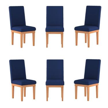 Imagem de Kit 06 Cadeiras Estofada Base Tecido Suede Sala De Jantar Azul Marinho