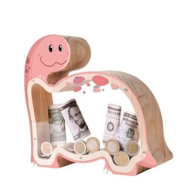 Imagem de Uniwooder Cofrinhos De Madeira Rosa Dinossauro Para Crianças, Cofrinho Coelho Inquebrável Crianças Com Adesivo Letras, Pote Dinheiro Personalizável Presente Páscoa, Brinquedo Educativo Meninas