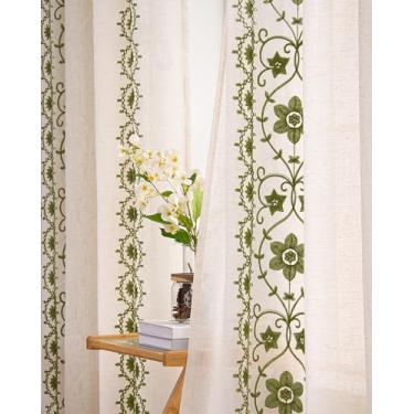 Imagem de Cortinas Boho Verde Sálvia 2 Painéis para Sala de Estar Cortinas de Linho Floral Vintage 203 cm de Comprimento para Quarto, Quinta, Cortinas Estampadas, Cortinas Bordadas com Filtragem de Luz com