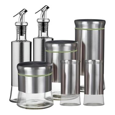 Imagem de Conjunto de Galheteiros e Porta Condimentos em Aço Inox e Vidro, 7 Peças, Recipientes de 130ml a 870ml, com Bicos Dosadores e Vedação Hermética
