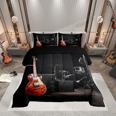 Imagem de Jogo de cama solteiro de rock, instrumento musical de violão, 2 peças, para meninos e meninas, kit de bateria, edredom acolchoado para decoração de quarto de crianças, 1 fronha
