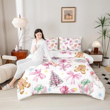 Imagem de Castle Fairy Conjunto de edredom casal com laço rosa de Natal, coleção de edredom com estampa de árvore de Natal e Papai Noel, decoração de quarto marrom rosa, 3 peças, conjunto de cama para meninas e