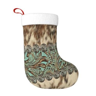Imagem de Western Country Cowboy Marrom Bege Azul-petróleo Turquesa Moda Padrão Meias de Natal Lareira Penduradas Meias de Natal Ornamento Para Casa de Fazenda, Casa, Família, Férias, Decorações de Festa