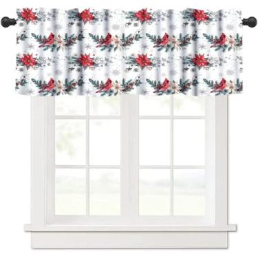 Imagem de Cortina de Natal Poinsétia Cardinal Valance, Ornamento vintage de inverno com design de neve para cozinha, quarto, sala de estar, 137 x 45 cm