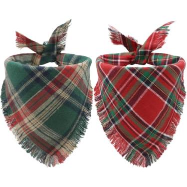 Imagem de Bandanas para cães de Natal 2 peças - GG, cachecol de férias frente e verso com bordas de borlas, roupa elegante para cães triangulares para meninos e meninas, fantasia clássica de inverno xadrez
