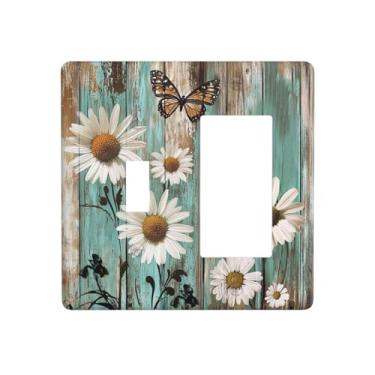 Imagem de JDAKHD Conjunto de interruptor e decoração de casa de fazenda floral 2 gangs placa de parede margarida branca em fundo de madeira verde interruptor basculante vintage + capa de tomada Gfci para