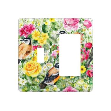 Imagem de Wmhusu Capa para interruptor de luz, flores coloridas em aquarela, retrô, pássaro, floral, 2 gangues, conjunto de balancim, placas de parede, placas decorativas para interruptores e capas de tomada