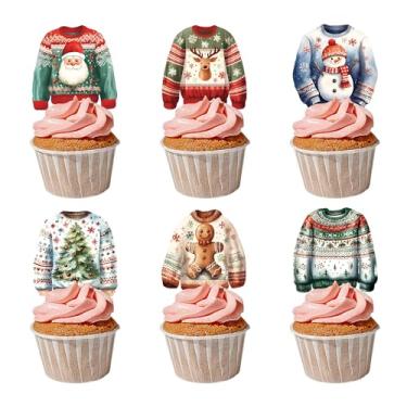 Imagem de 42Pcs Edible Christmas Ugly Sweater Cupcake Toppers Wafer Paper Ugly Sweater Christmas Gingerbread Man Tree Deer Snowman Cupcake Picks for Christmas Party Holiday Supplies
