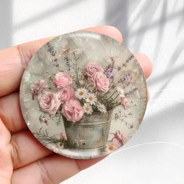 Imagem de Ímã de geladeira vintage design de flores vintage - adesivo redondo de geladeira de resina acrílica de 6,5 cm, presente de decoração retrô, tamanho perfeito para geladeira, armário ou qualquer