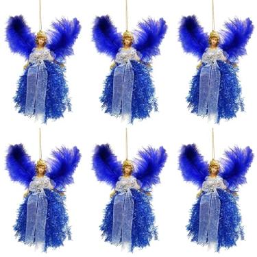 Imagem de Pacote com 6 enfeites de anjo de Natal, asas de penas brancas e bonecas de pelúcia penduradas em cabelo dourado, decoração de árvore de Natal