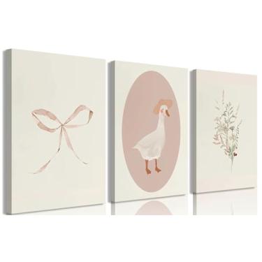 Imagem de 3 peças de arte de parede em tela de berçário de meninas vintage ganso decoração de parede imagens de pôster de arco rosa impressões de pintura de quarto de crianças para quarto de meninas quarto sala