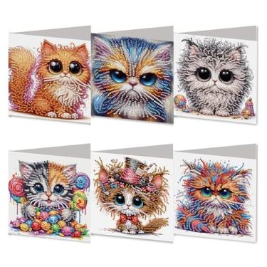 Imagem de DIZAKIM 6 peças de cartões comemorativos com pintura de diamante com tema de Natal, kit de artesanato faça você mesmo, presente de aniversário (gato de estimação)