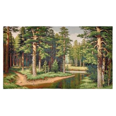Imagem de AureoMadis Tapeçaria de madeira jacquard grande premium 124.5 cm x 71.1 cm - Vintage Pine Woods River Landscape Wall Hanging, decoração de belas artes totalmente forradas com dois bolsos para varão