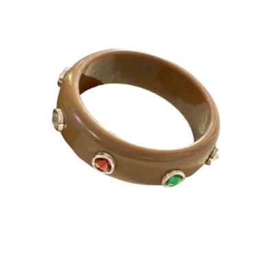 Imagem de Pulseira grossa de acetato com veios de mármore e pedras preciosas coloridas - Pulseira feminina de resina, One Size, Madeira, Sem Pedra Preciosa