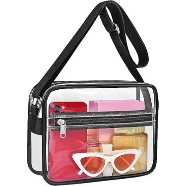 Imagem de Bolsa transparente com alças para ombro aprovada estádios trabalho viagem treinamento show e esporte PVC náilon à prova de frio alça ajustável bolso frontal