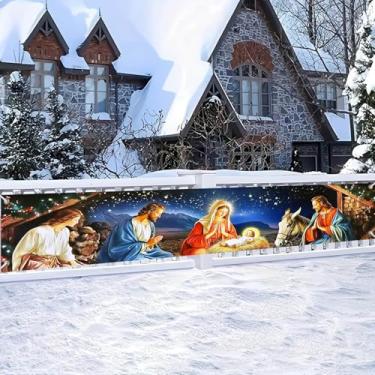 Imagem de BlissYard Faixa de decoração de presépio tecido de poliéster design de manjedoura da família sagrada para jardim interno e externo banner festa ao ar livre sinal de varanda 118x20 polegadas