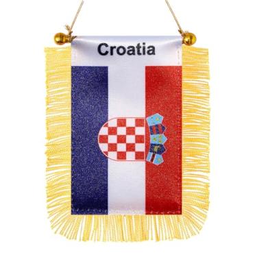 Imagem de JBSJBS Mini bandeira de pendurar da Croácia bandeiras de janela de carro croata pequenas bandeiras de espelho retrovisor decoração bandeiras da Croácia com ventosa com franjas douradas dupla face 7,6