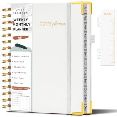 Imagem de Agenda A5 2026, agenda semanal e mensal de janeiro de 2026 a dezembro de 2026, agenda horária de couro de capa dura de 14,6 cm x 21,3 cm com abas, agenda diária em espiral para escola, trabalho, casa