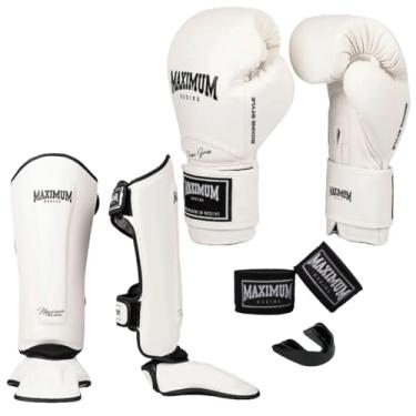 Imagem de Kit Luva de Boxe New Classic Branco + Caneleira Muay Thai Branco + Bandagem 3m + Protetor Bucal - Maximum (LUVA 12oz + CANELEIRA G)