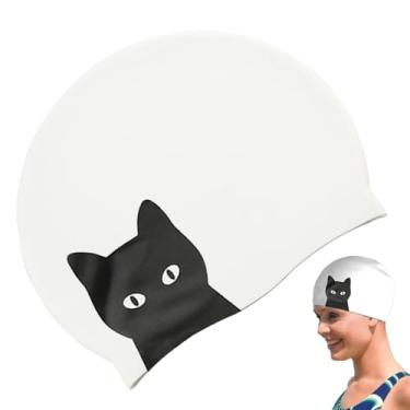 Imagem de Toucas de natação para adultos, toucas de natação para cabelos longos | Chapéu de natação impermeável com padrão de gato de silicone | Toucas de natação antiderrapantes com proteção para os ouvidos, t