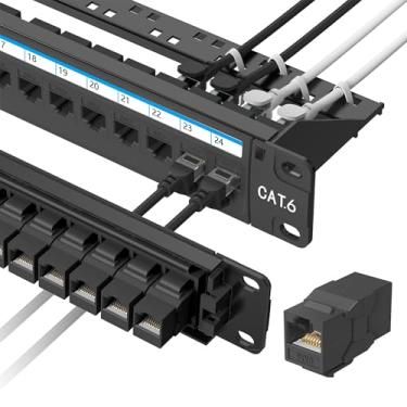 Imagem de Jadaol Painel de remendo de 24 portas para montagem em rack ou parede de 48 cm, painel de rede 1U Cat6 pré-carregado com 24 acopladores Keystone mais 1 painel de patch de Ethernet de 10 Gbps