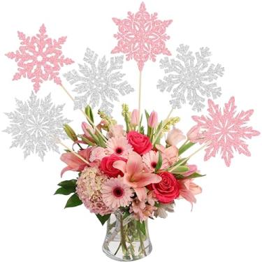 Imagem de Ephlyn 12Pcs Snowflake Centerpiece Sticks Frozen Snowflake Table Flower Centerpieces Christmas Floral Decorations for Winter Wonderland Baby Shower Frozen Birthday Party Supplies Pink Silver