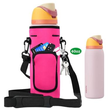 Imagem de NUENSS-ROR Bolsa de transporte para garrafa de água Owala FreeSip de aço inoxidável isolada, 473 ml, 680 g, 947 g, 1,134 g, suporte para garrafa de água, alça de ombro ajustável e bolso (rosa vermelha