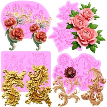 Imagem de MIYAHOUSE Moldes barrocos para fondant de flores em relevo moldes de silicone para decoração de bolos, topo de cupcake, pasta de goma de chocolate, argila de polímero, conjunto de 4