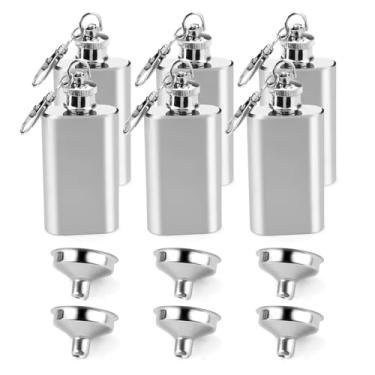 Imagem de BangBoom 6 peças de chaveiro mini cantil de aço inoxidável de 50 ml, à prova de vazamento, garrafa de uísque de bolso fino à prova de vazamento, pequena garrafa de vinho escondida portátil para homens