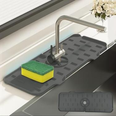 Imagem de Tapete de pia de torneira de silicone – Bandeja de pia de secagem de pratos reutilizável protetor de respingos para cozinha e banheiro (cinza escuro, 13,38" × 5,51" × 0,61 cm)