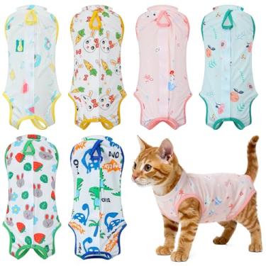Imagem de 6 peças de traje de recuperação de gatos, trajes de recuperação cirúrgica para gatos após cirurgia, fêmeas e machos, pijama macacão de gato, alternativo de coleira eletrônica, roupas para gatos para
