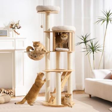 Imagem de Árvore de gato moderna para gatos grandes com poste arranhador para uso interno, torre multifuncional de madeira maciça para gatos com condomínio, cama, escada, cápsula espacial, bola pendurada