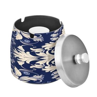 Imagem de Blueangle Cinzeiro padrão azul branco com tampa para cigarros, à prova de vento/chuva, aço inoxidável, sem fumaça, inodoro, cinzeiro para uso interno ou externo (367)