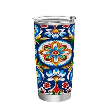 Imagem de Blueangle Copo de 590 ml com tampa e canudo, copo térmico de aço inoxidável com isolamento a vácuo, caneca térmica de cerâmica mexicana para bebidas quentes e frias (98)