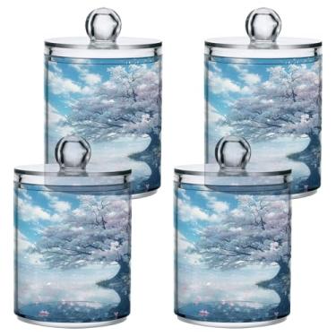 Imagem de ATTX Dispensador de suporte Qtip de cerejeira branca para bola de algodão, cotonete, frasco de boticário de plástico transparente, pote de armazenamento de cozinha para decoração de casa, pacote com 4