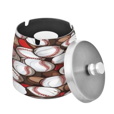 Imagem de Blueangle Cinzeiro com estampa de bolas de beisebol com tampa para cigarros, à prova de vento/chuva, aço inoxidável, sem fumaça, inodoro, cinzeiro para uso interno ou externo (554)