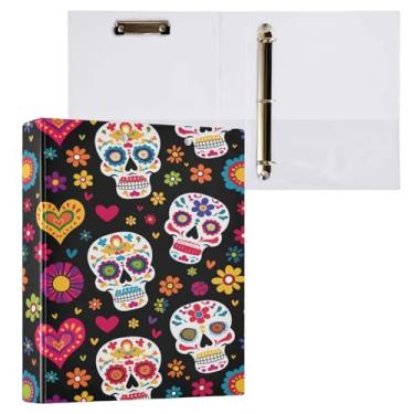 Imagem de Blueangle Fichário de 3 anéis de flor de caveira de açúcar com prancheta e 2 bolsos - Organizador de documentos decorativos de 3 cm para escritório, suprimentos para reuniões (501)