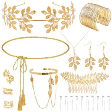 Imagem de ROPCIA Conjunto de acessórios de fantasia de deusa grega de 21 peças, coroa de folha de louro dourado, brincos de queda de folha artificial, colar, grampo de cabelo, acessório para cabeça, cinto de