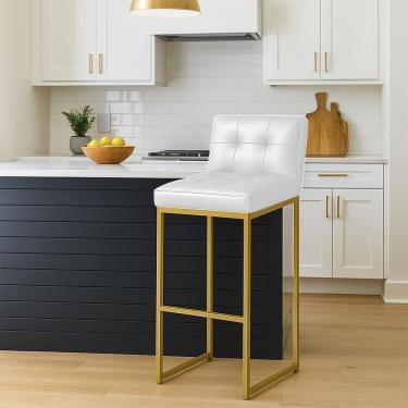 Imagem de Banqueta Cozinha Alta Com Encosto Industrial Dourado Lirina Pu C05 - D'rossi Cor Branco