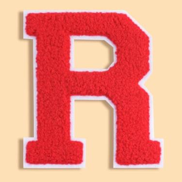 Imagem de QianSiLi Adesivos de letras universitárias de chenille vermelho de 11 cm, letras grandes de ferro para jaquetas Letterman, moletons com capuz, mochilas, coletes, roupas, adesivos individuais da letra