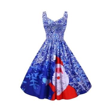 Imagem de Vestido Vintage De Natal Para Mulheres, Midi Com Alças Finas, Estampa 