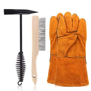 Imagem de Swpeet 4 peças, escova de arame de arranhão de 25 cm, ferramenta de remoção de escória com luvas de soldagem, martelo de solda de 25 cm com alça de mola de bobina de aço para limpeza e remoção de